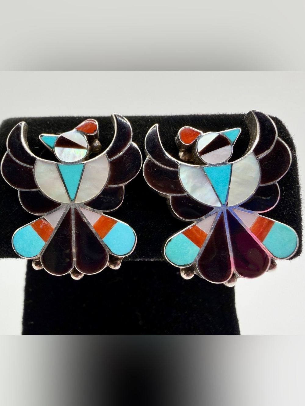 NATIVE AMERICAN ZUNI SILVER & INLAY THUNDERBIRD EARRINGS BY B. WALLACE